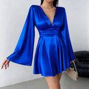 Solid color V-neck long sleeved dress