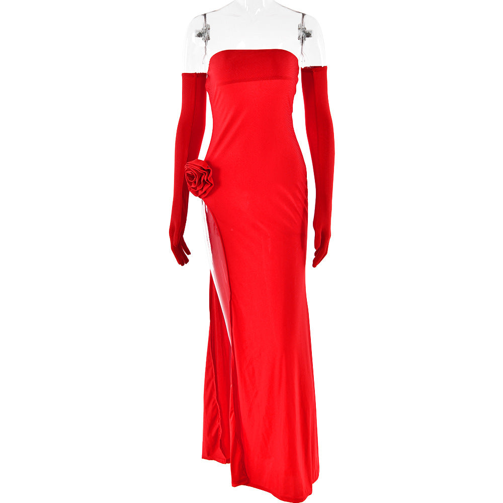 Floral Strapless Backless Slit Maxi Dress – Elegant & Sexy