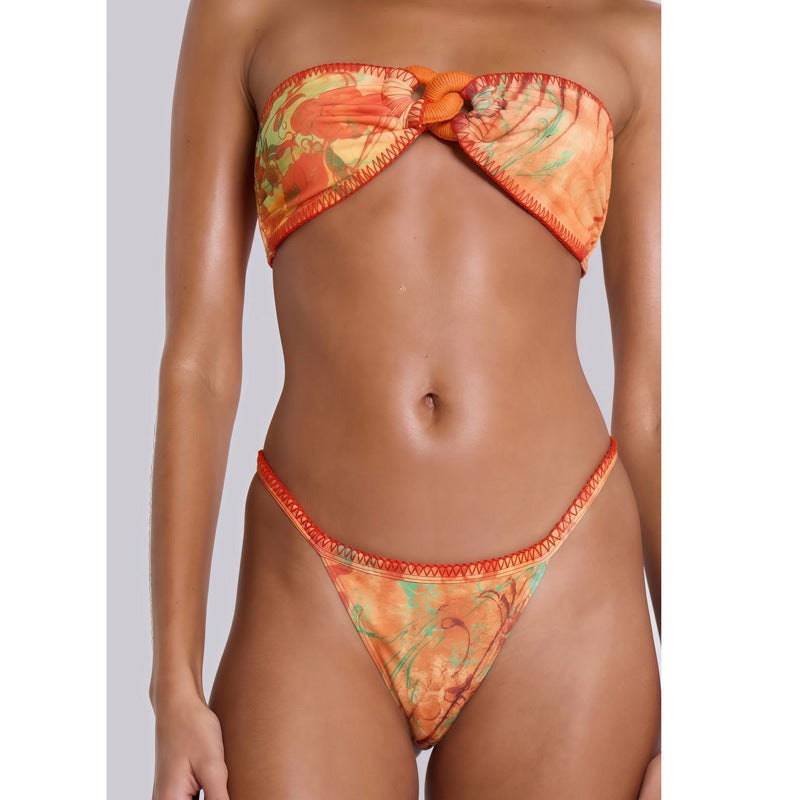 Vintage Print Strapless Three-Piece Swim Set