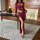 Long Sleeve Hollow Cut Maxi Skirt Set – Sexy Slit Two-Piece