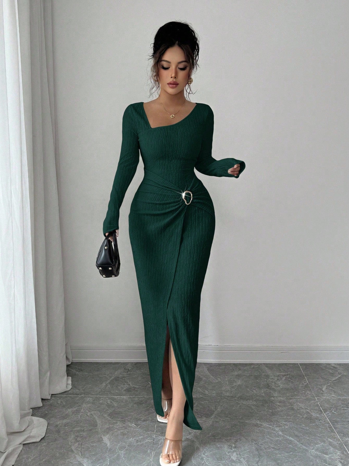 Boat Neck Long Sleeve Elegant Maxi Dress – Solid Color