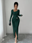 Irregular collar solid color long dress for women