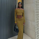 One Shoulder Faux Fur Top & Maxi Skirt Set – Elegant Two-Piece