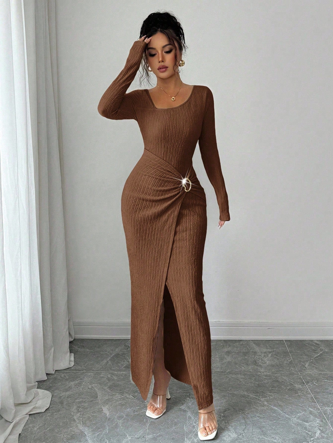 Boat Neck Long Sleeve Elegant Maxi Dress – Solid Color
