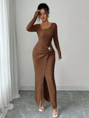 Irregular collar solid color long dress for women