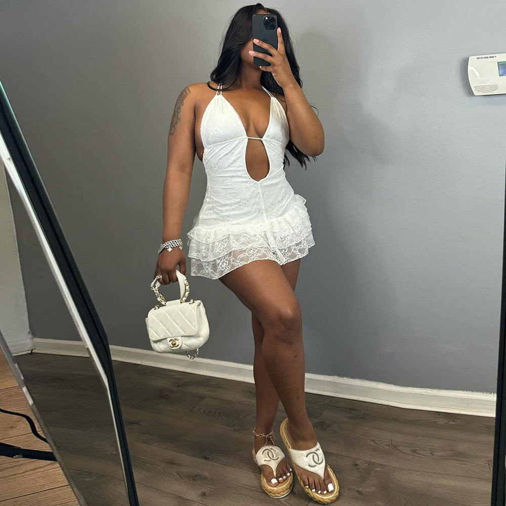 Lace Backless Cake Mini Dress – V-Neck Sleeveless