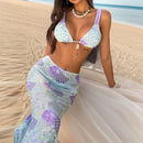 Three piece swimsuit set with retro printed snake skin