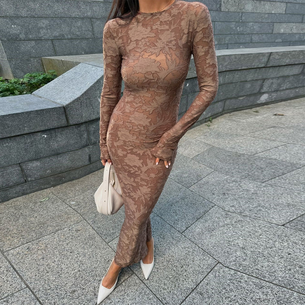 Elastic Jacquard Long Sleeve Straight Maxi Dress