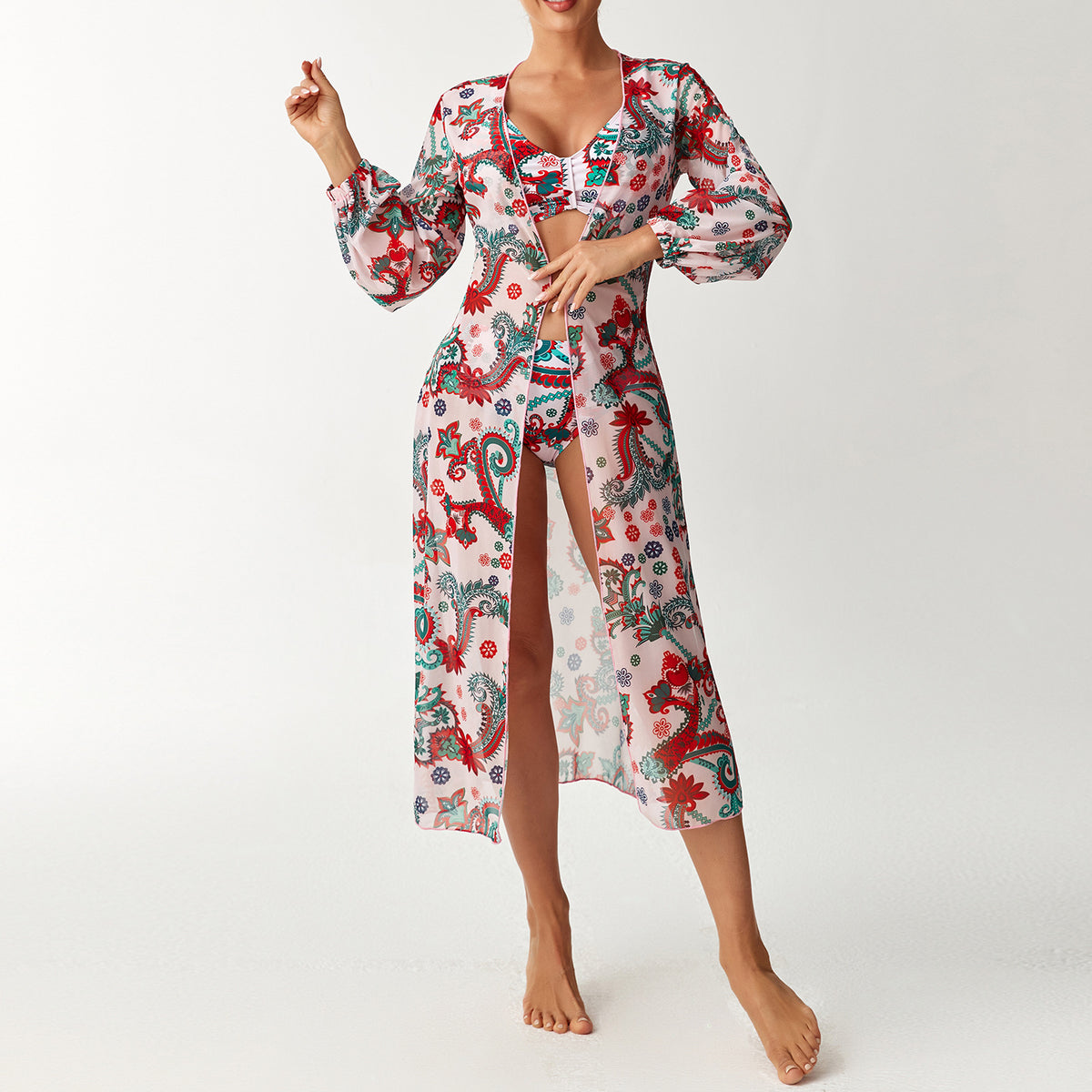 Printed Long-Sleeve Three-Piece Swim Set