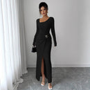 Irregular collar solid color long dress for women