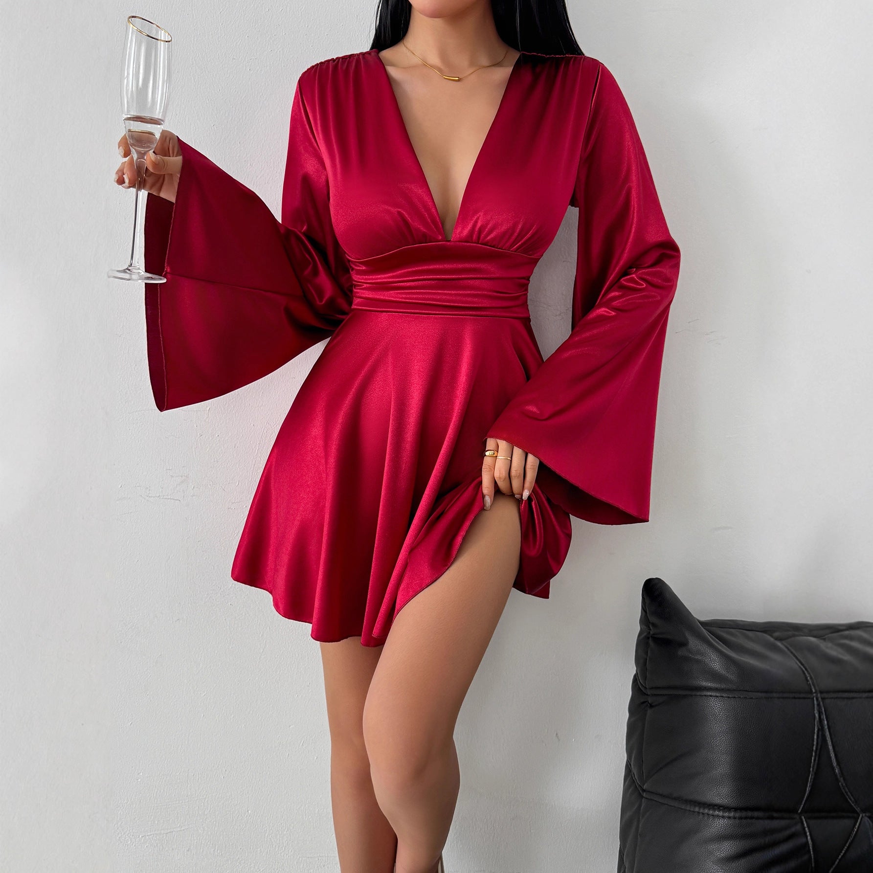 V-Neck Three-Quarter Sleeve Midi Dress – Elegant Solid Color