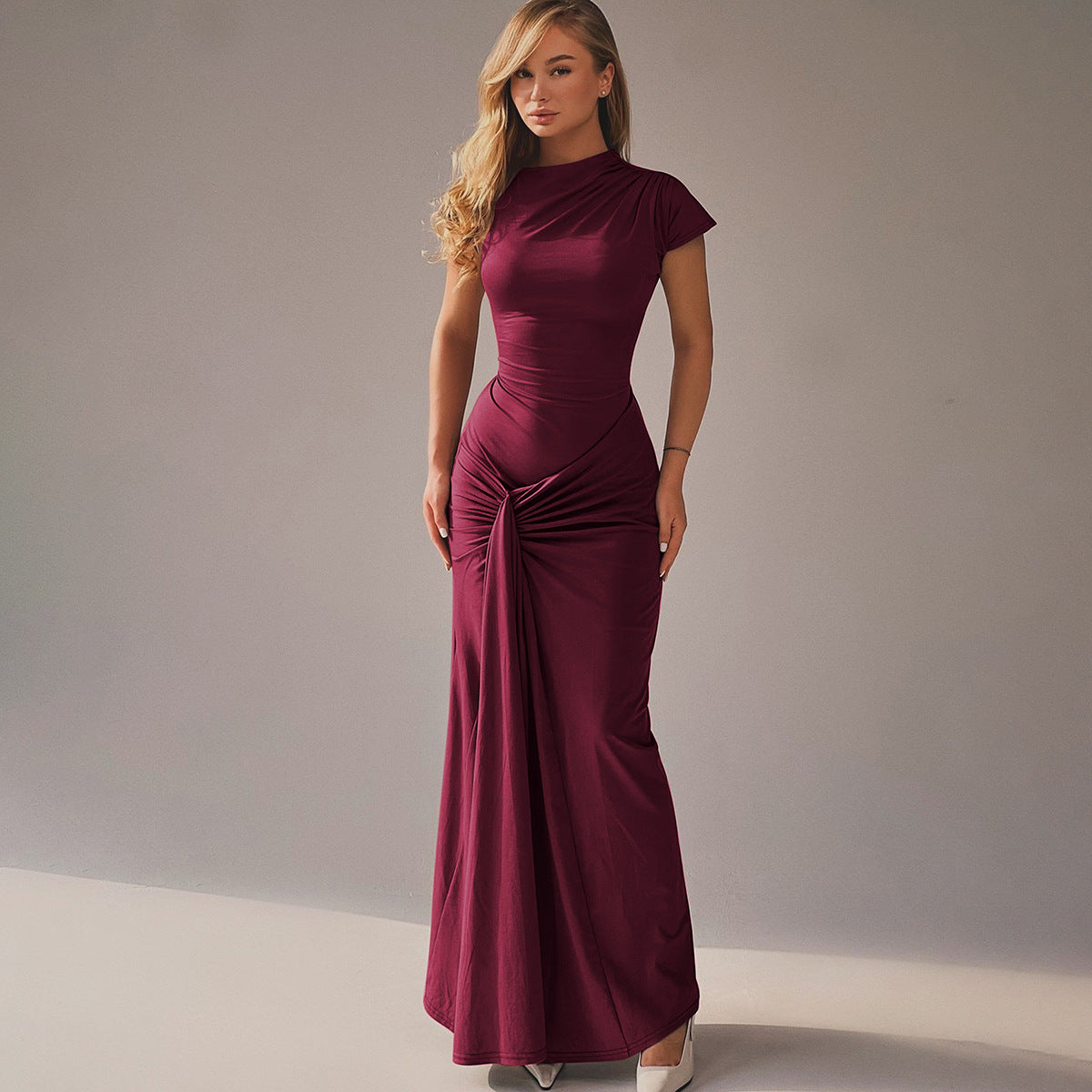 Pleated Lace-Up Long Sleeve Bodycon Midi Dress – Slim Fit