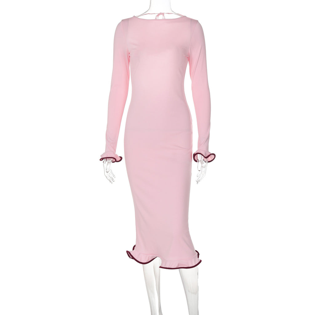 New backless flared sleeves with ruffled hem, knitted long skirt, sexy contrasting long dress for women