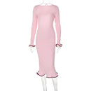 New backless flared sleeves with ruffled hem, knitted long skirt, sexy contrasting long dress for women