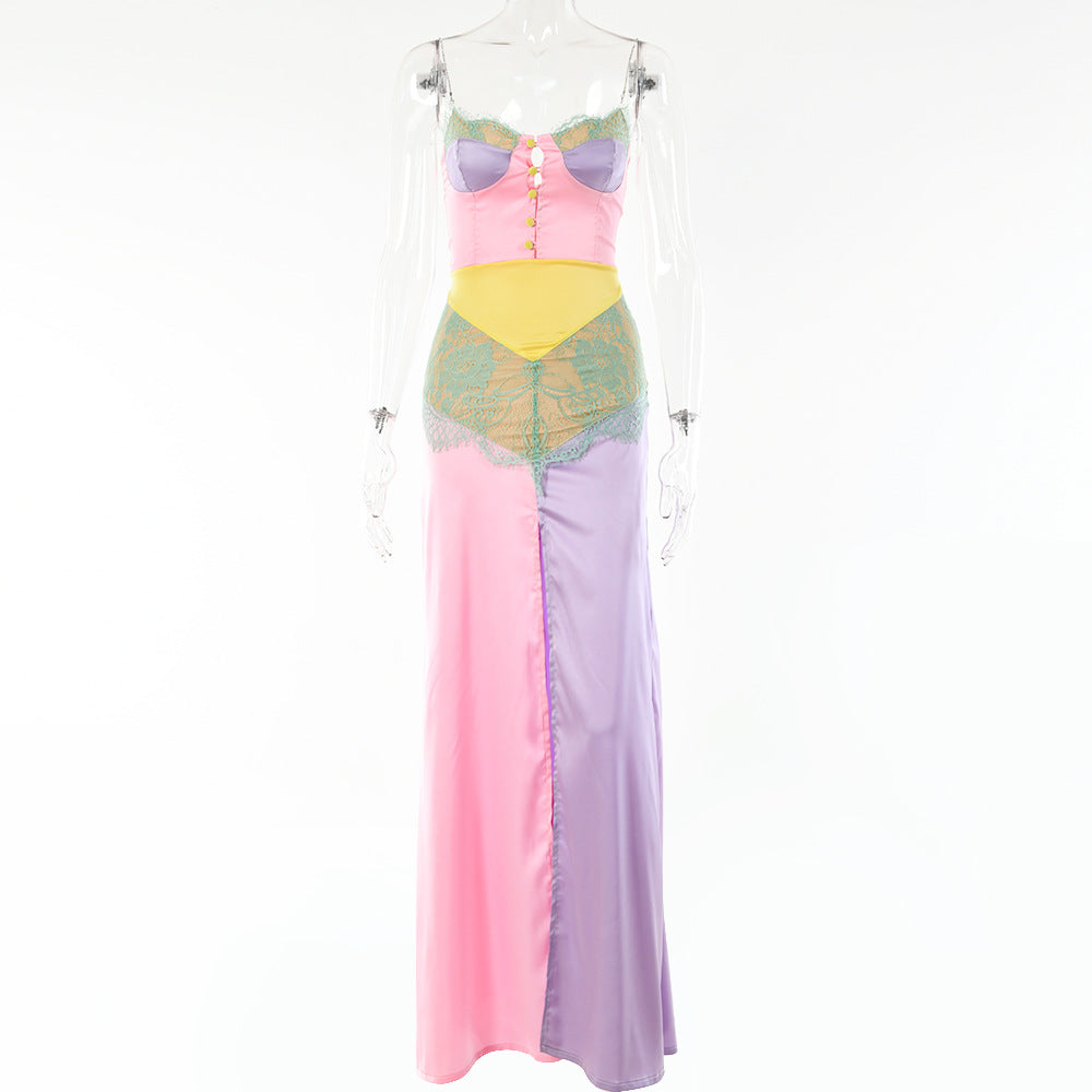 Women's Autumn New Color Matching Lace Hollow Dress Sexy Goddess Suspenders Strapless High Slit Dress