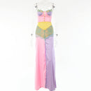 Women's Autumn New Color Matching Lace Hollow Dress Sexy Goddess Suspenders Strapless High Slit Dress