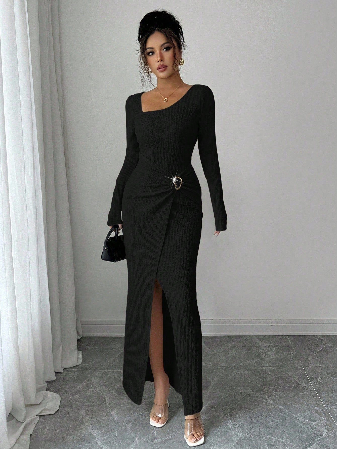 Boat Neck Long Sleeve Elegant Maxi Dress – Solid Color
