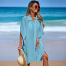 Beach Cover-Up Polo Collar Shirt Sheer Top Loose Short Sleeve Bikini Cover-Up