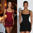 Lace up sequin suspender jumpsuit hip hugging skirt