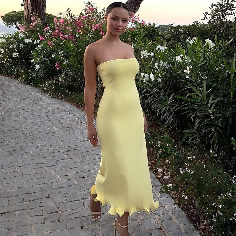 Strapless Lotus Hem Maxi Dress – Elegant Wave Skirt