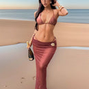 Three piece swimsuit set solid color lace up neck