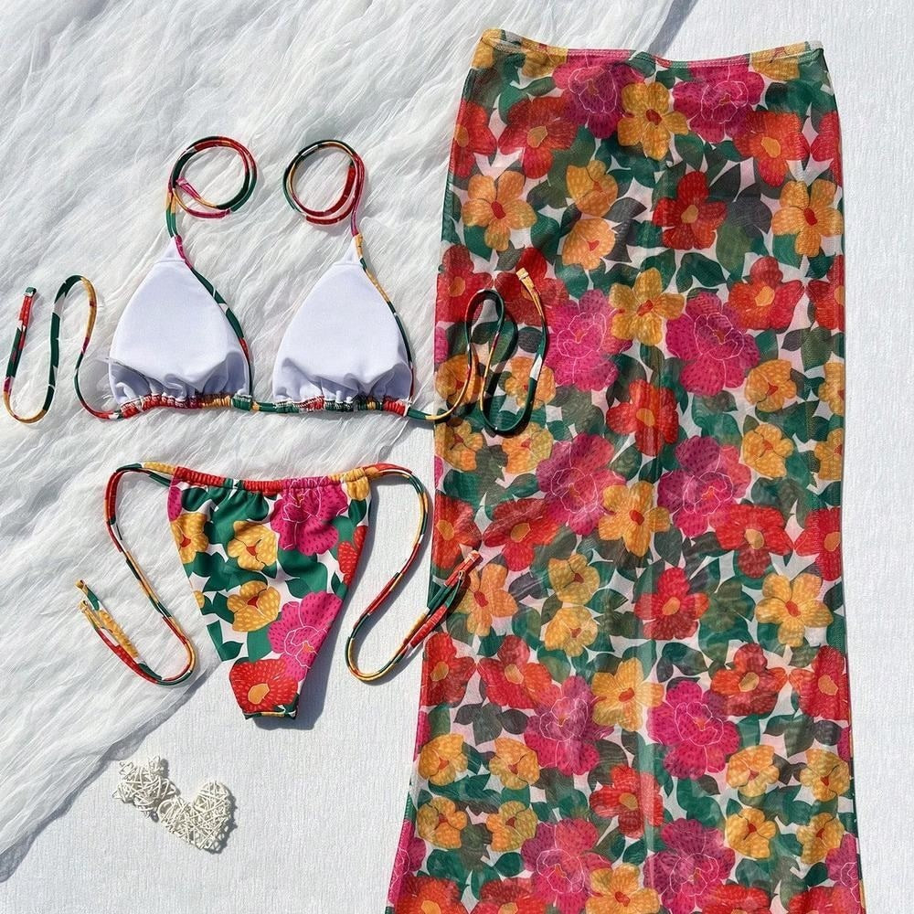 Swimsuit women's split three piece vacation seaside retro print