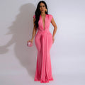 Women's Fashion Solid Color Sexy Deep V-neck Tight Hip hugging Dress Long Skirt Dress