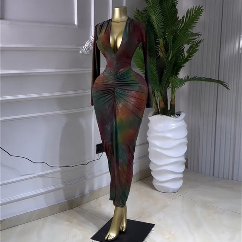 Printed V-Neck High Waist Bodycon Dress – Sweet Long Sleeve