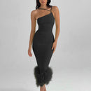 One-Shoulder Halterneck Fur Hem Dress Autumn Sexy Temperament Commuter Slim Long Skirt Women