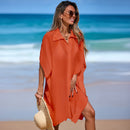 Beach Cover-Up Polo Collar Shirt Sheer Top Loose Short Sleeve Bikini Cover-Up