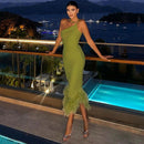 One-Shoulder Halterneck Fur Hem Dress Autumn Sexy Temperament Commuter Slim Long Skirt Women