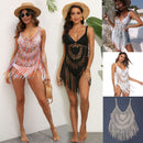 Sheer Hand-Crocheted Fringe Patchwork Beach Bikini Cover-Up Strappy Dress