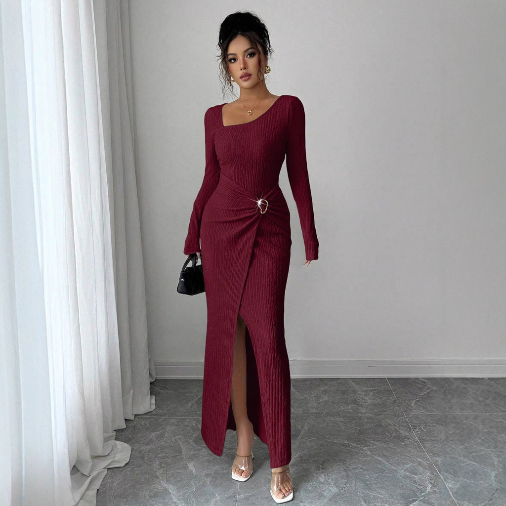 Boat Neck Long Sleeve Elegant Maxi Dress – Solid Color