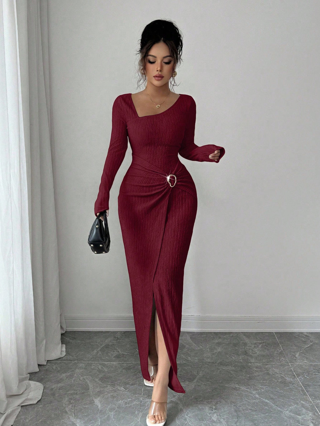 Boat Neck Long Sleeve Elegant Maxi Dress – Solid Color