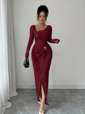 Boat Neck Long Sleeve Elegant Maxi Dress – Solid Color