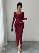 Irregular collar solid color long dress for women