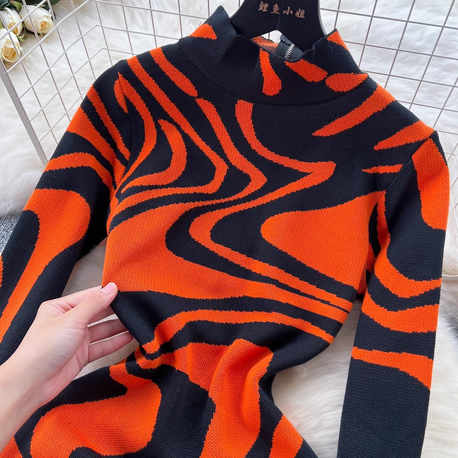 European and American women's dress slim fit and fashionable printed high neck slit long knitted dress