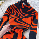 European and American women's dress slim fit and fashionable printed high neck slit long knitted dress