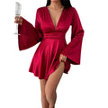 V-Neck Three-Quarter Sleeve Midi Dress – Elegant Solid Color