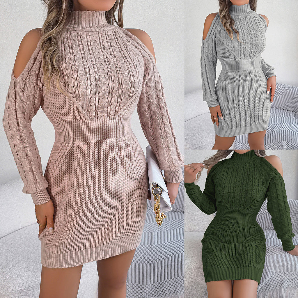 Off-Shoulder Turtleneck Lantern Sleeve Sweater Dress – Casual Chic