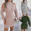 Off-Shoulder Turtleneck Lantern Sleeve Sweater Dress – Casual Chic