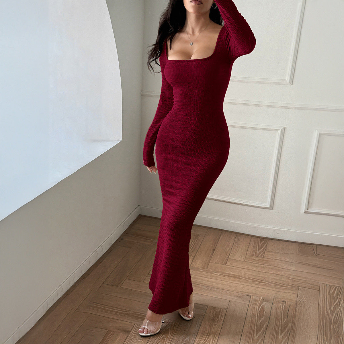 Square Neck Long Sleeve Knit Maxi Dress – Solid Color