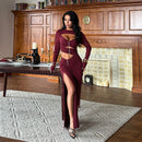 Long Sleeve Hollow Cut Maxi Skirt Set – Sexy Slit Two-Piece