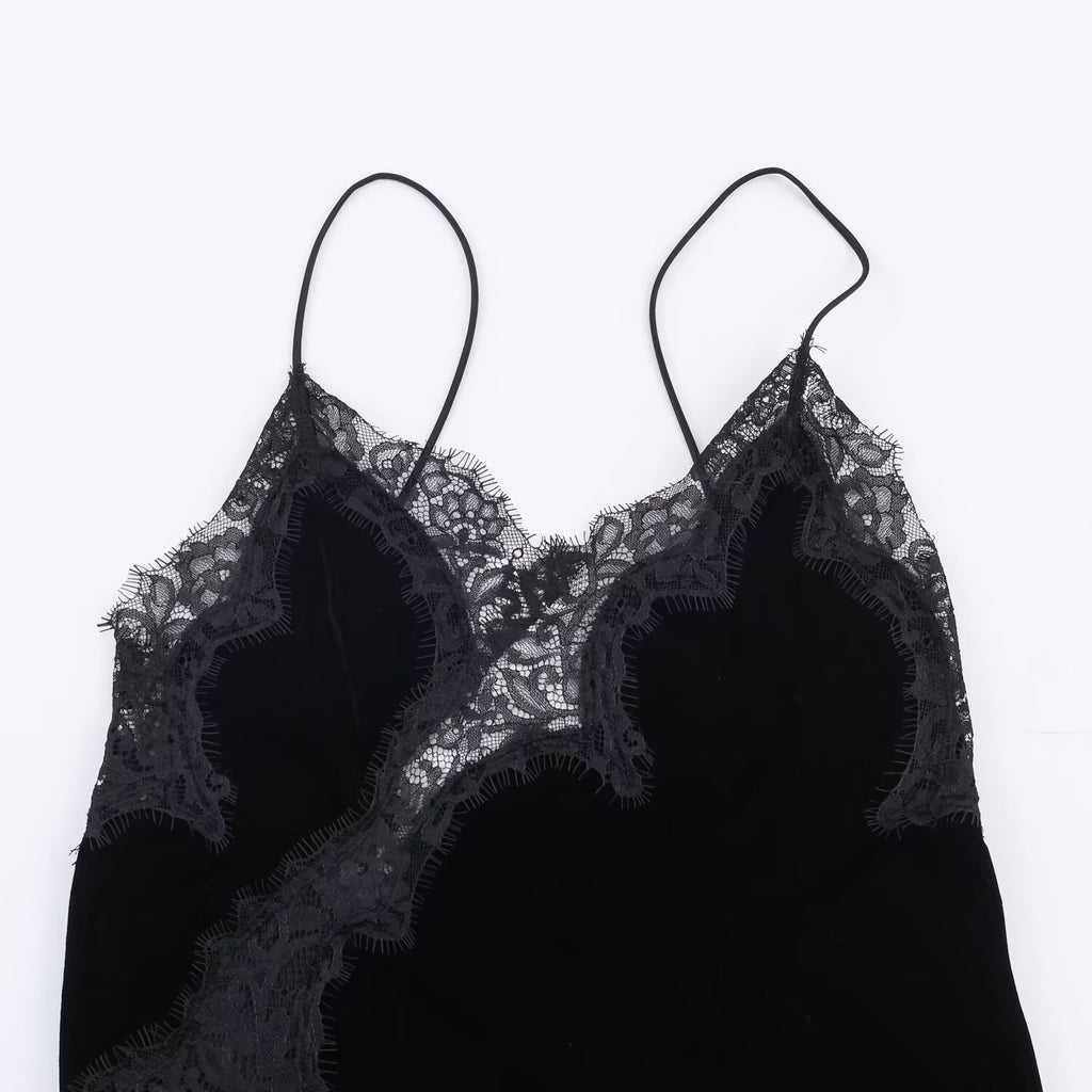 French Lace Velvet Midi Dress – Sleeveless V-Neck