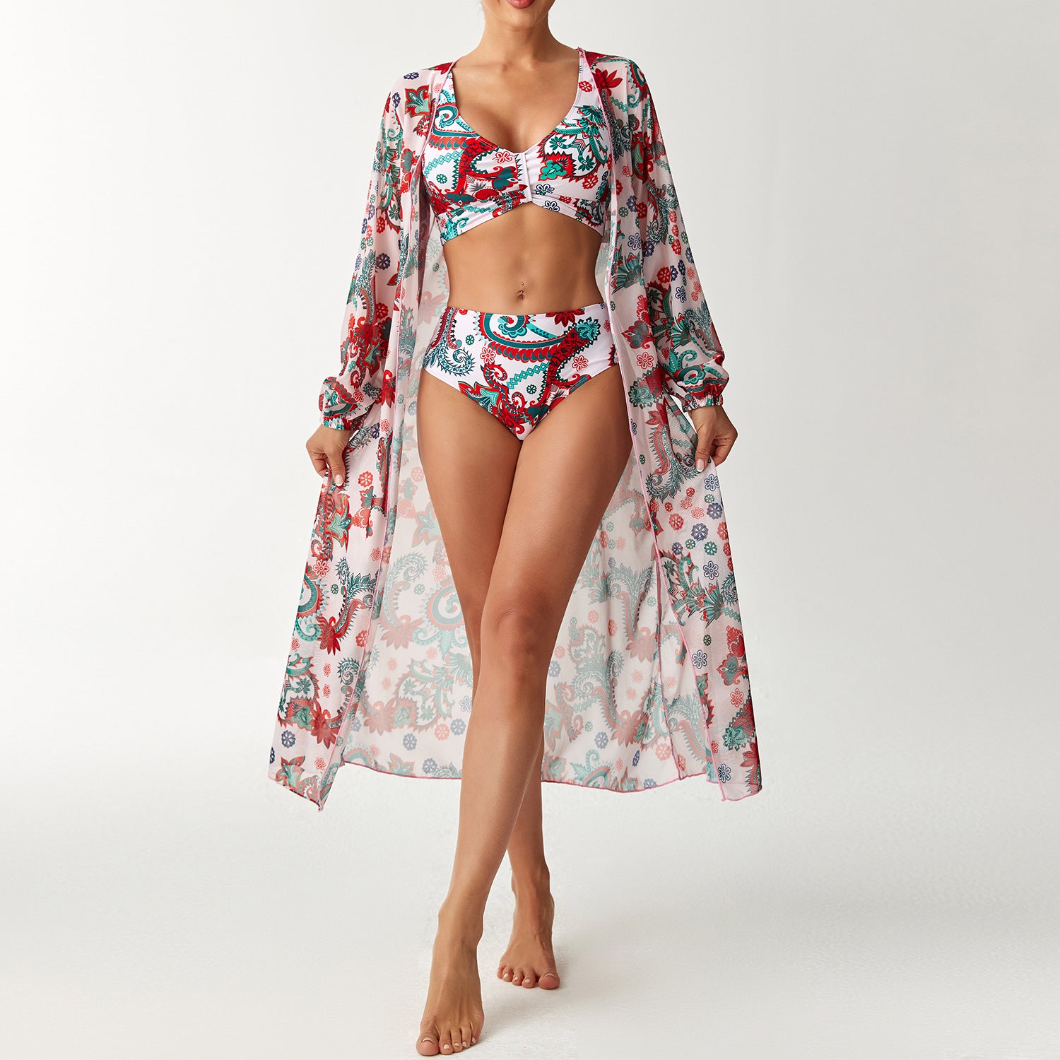 Printed Long-Sleeve Three-Piece Swim Set