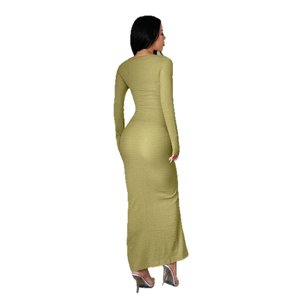 Square Neck Long Sleeve Knit Maxi Dress – Solid Color