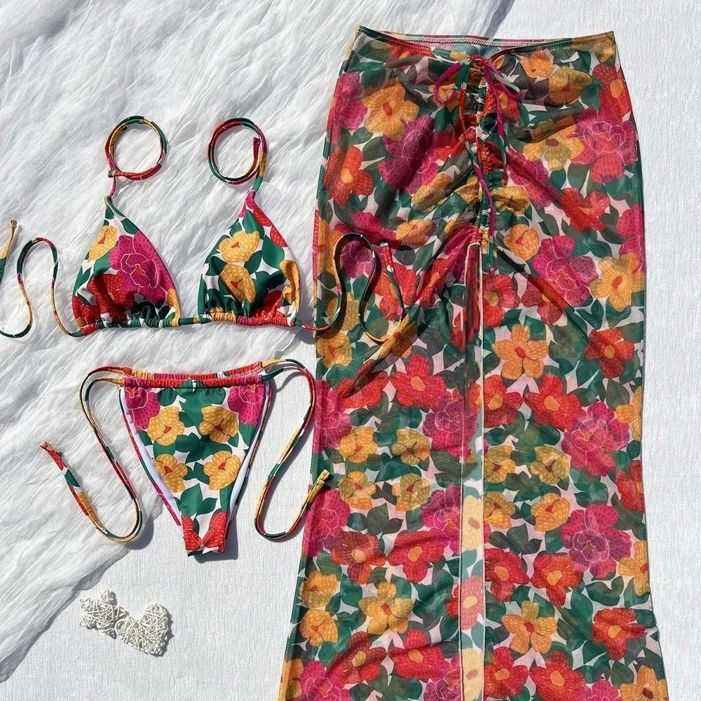 Swimsuit women's split three piece vacation seaside retro print