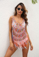 Sheer Hand-Crocheted Fringe Patchwork Beach Bikini Cover-Up Strappy Dress