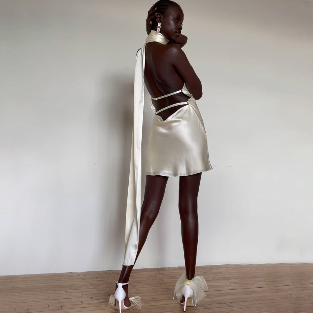 Halter Backless Satin Mini Dress