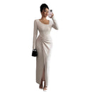 Irregular collar solid color long dress for women